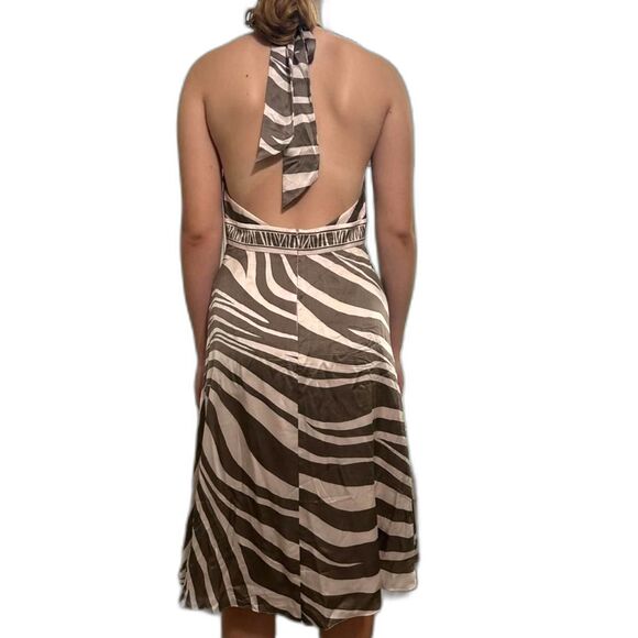 BCBG Silk Halter Dress Zebra Striped Brown Champagne Cocktail $260 Size 6 - Picture 2 of 8